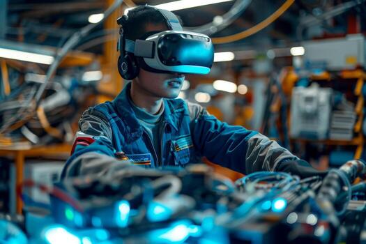 AI generated Auto mechanic working car by diagnosis with virtual reality headset, .ai generative photo