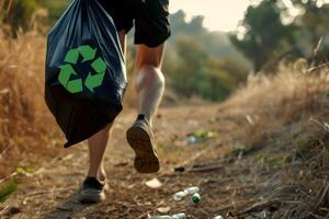 AI generated hands man runner holding a recycling trach bag filled with various recyclable items ..Environment Day concept. Generative AI photo