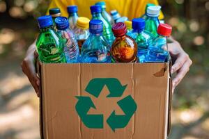 ai generado manos participación un reciclaje caja lleno con varios reciclable artículos en playa ..ambiente día concepto. generativo ai foto