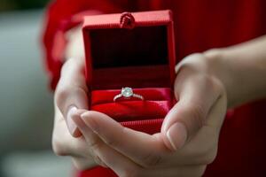 AI generated diamond ring in red box in woman hand on . ai generative photo