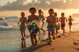 ai generado niños correr con participación un reciclaje traqueostomía bolso lleno con varios reciclable artículos en playa ..ambiente día concepto. generativo ai foto