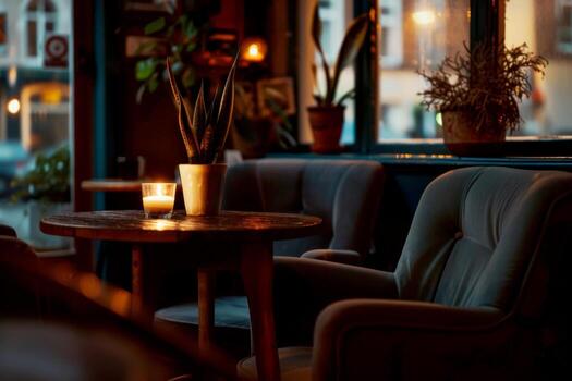 AI generated wooden furniture and lighting in the cafe .Generative AI photo