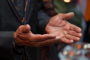 AI generated Human hands open palm up worship with faith in religion and belief in God on blessing background. photo