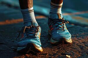 ai generado hombre pies vistiendo deporte Zapatos trotar en calle.ai generativo foto