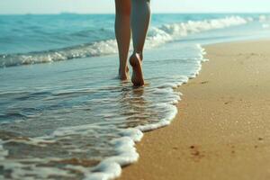 AI generated Women's legs on the beach near the sea. Travel concept. AI generated, human enhanced photo