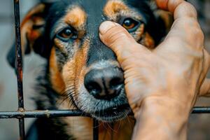 ai generado hombre sostener triste grande perros atrapado en jaula. generativo ai foto