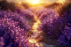 AI generated a lavender field with beautiful twilight sky .generative ai photo