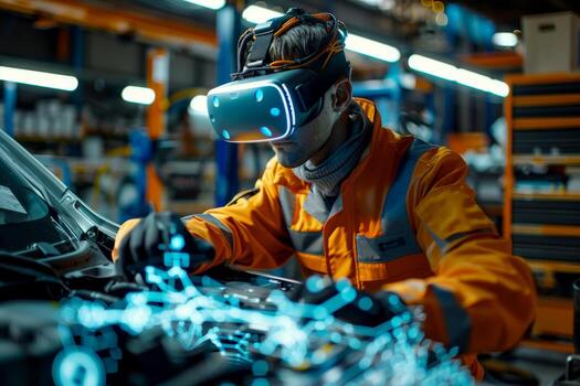 AI generated Auto mechanic working car by diagnosis with virtual reality headset, .ai generative photo