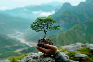 ai generado mano niños participación planta con luz de sol en verde naturaleza antecedentes. concepto eco tierra día, generativo ai foto