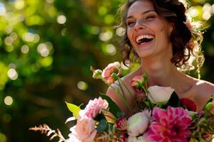 AI generated Beautiful woman with a bouquet of flowers. on natural background. Generative AI photo