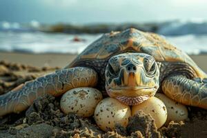 AI generated turtles hatch eggs on the beach . Generative AI photo