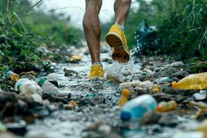 AI generated trial runner picking up trash , global environment pollution. Ai generated photo