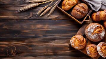 AI generated Freshly baked bread, variety of baked goods on a wooden background. Top view with copy space Generative AI photo