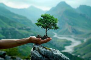 ai generado mano niños participación planta con luz de sol en verde naturaleza antecedentes. concepto eco tierra día, generativo ai foto