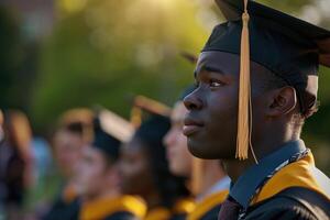 AI generated a student black man at graduation with graduation caps. Generative AI. photo