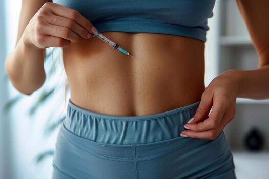 AI generated diabetic patients hand holding an insulin syringe while injecting on belly on solid white background. ai generative photo