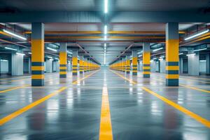 AI generated yellow line on Parking lot in the shopping mall building. Generative AI. photo