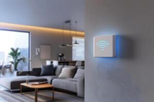 AI generated a wifi extender iot , blue wifi symbol, connected smart home.ai generative photo