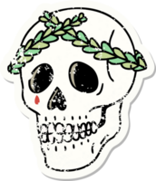 traditional distressed sticker tattoo of a skull with laurel wreath crown png