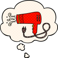 secador de cabelo elétrico de desenho animado e balão de pensamento no estilo de quadrinhos png
