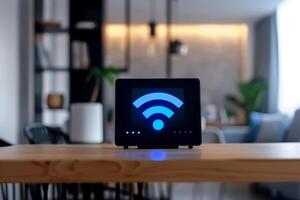 AI generated a wifi extender iot , blue wifi symbol, connected smart home.ai generative photo