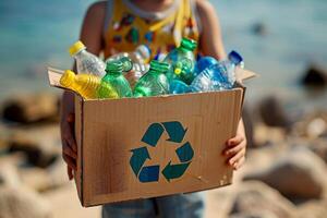 ai generado manos participación un reciclaje caja lleno con varios reciclable artículos en playa ..ambiente día concepto. generativo ai foto