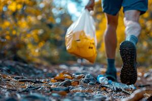 ai generado manos hombre corredor participación un reciclaje traqueostomía bolso lleno con varios reciclable artículos ..ambiente día concepto. generativo ai foto