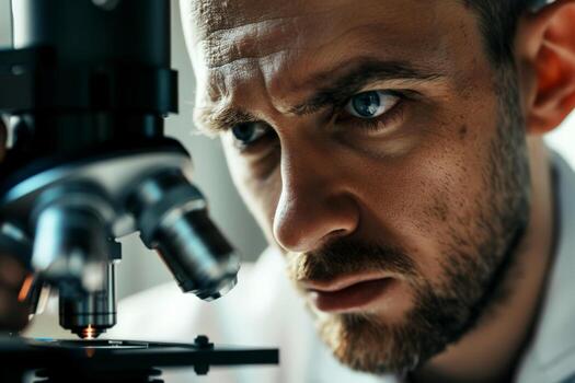 AI generated man scientist at work in the evening looking into a microscope,. generative ai photo