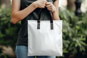 AI generated woman Hand holding a White Polyester square tote bag for mockup . AI generated image photo