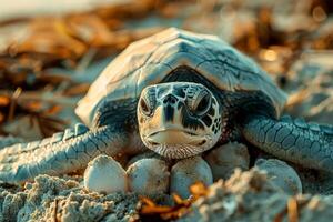 AI generated turtles hatch eggs on the beach . Generative AI photo