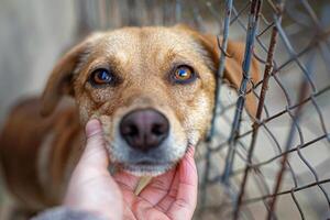 ai generado hombre sostener triste grande perros atrapado en jaula. generativo ai foto