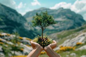 AI generated hand children holding plant with sunlight on green nature background. concept eco earth day, Generative Ai photo