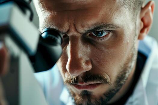 AI generated man scientist at work in the evening looking into a microscope,. generative ai photo