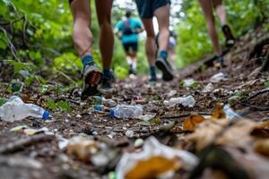 AI generated trial runner picking up trash , global environment pollution. Ai generated photo