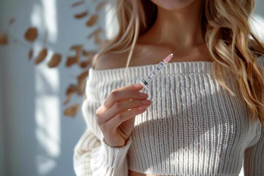 AI generated diabetic patients hand holding an insulin syringe while injecting on belly on solid white background. ai generative photo