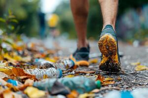 AI generated trial runner picking up trash , global environment pollution. Ai generated photo