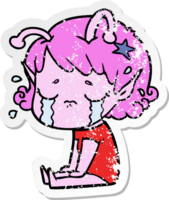 distressed sticker of a cartoon crying alien girl png
