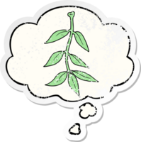 cartoon leaves and thought bubble as a distressed worn sticker png