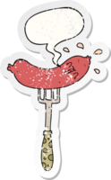 cartoon happy sausage on fork and speech bubble distressed sticker png