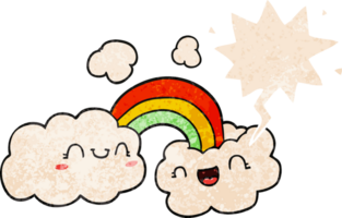 gelukkig tekenfilm wolken en regenboog en toespraak bubbel in retro getextureerde stijl png