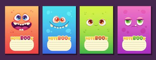 Space monster notebook cover. Set of colorful prints for notebooks with lines for text. Cartoon vector template in A5 format