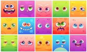 Set of square faces of space monsters. Monsters of emotion, scary alien faces. Vector illustration of space and galactic adventures for children