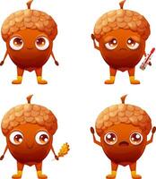 Set of acorn character with different emotions, surprise, sadness, joy. Acorn with big eyes, arms and legs. Vector character for children on the theme of autumn, forest, nature
