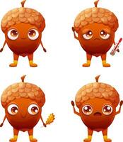 Set of acorn character with different emotions, surprise, sadness, joy. Acorn with big eyes, arms and legs. Vector character for children on the theme of autumn, forest, nature