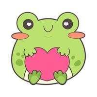 Cute kawaii frog in love holds heart in its paws. Vector illustration on white background, funny sticker