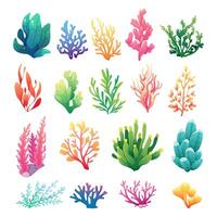 Set of fabulous sea corals and algae on white background. Cartoon vector illustration of marine flora in gradient