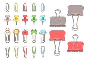 Set of office paper clips. Round paper clip, triangular paper clip, stationery button. Vector illustration in cartoon kawaii style