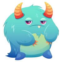 Blue fluffy space monster with displeased face. Vector illustration in cartoon style with gradient about space and galactic adventures for children