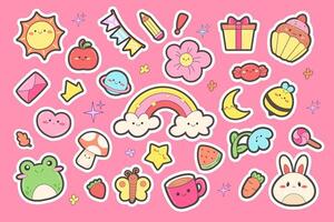 Big  set of kawaii stickers. Cute sticker of frog, hare, weather, cake. Vector design elements in childish style