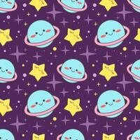 Cute seamless pattern on black of space for kids. A pattern with planets and stars. Vector illustration in Korean, Japanese style for prints and printing